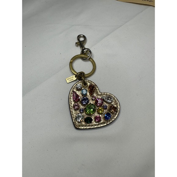 Coach Heart Vintage Bag Charm Keychain Gold Tone Multi Color Rhinestone‎ Bling - Picture 1 of 4